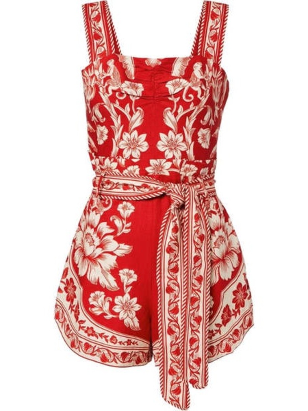 FARM Rio Guanacaste Red Gathering Romper L NWT Linen Floral Belted Jumpsuit $198 - Picture 3 of 16